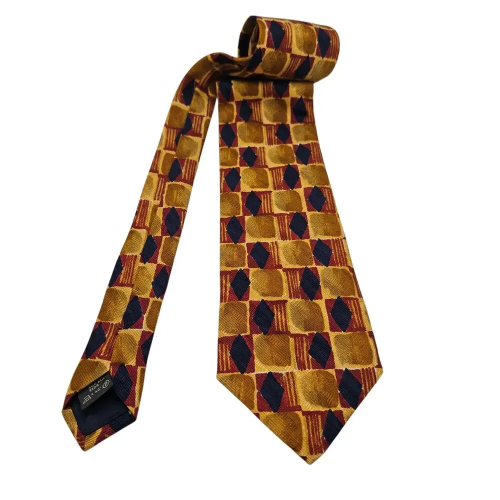 Ermenegildo Zegna Silk Tie Gold Red Blue Geometric Diamond Designer Italy 58.25
